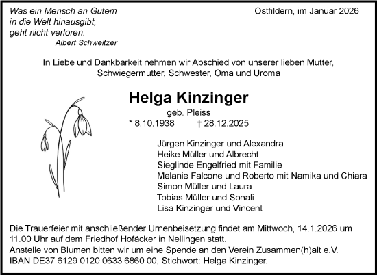 Traueranzeige von Helga Kinzinger von Eßlinger Zeitung