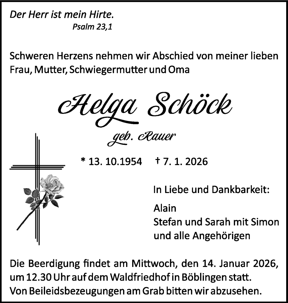  Traueranzeige für Helga Schöck vom 09.01.2026 aus Kreiszeitung Böblinger Bote