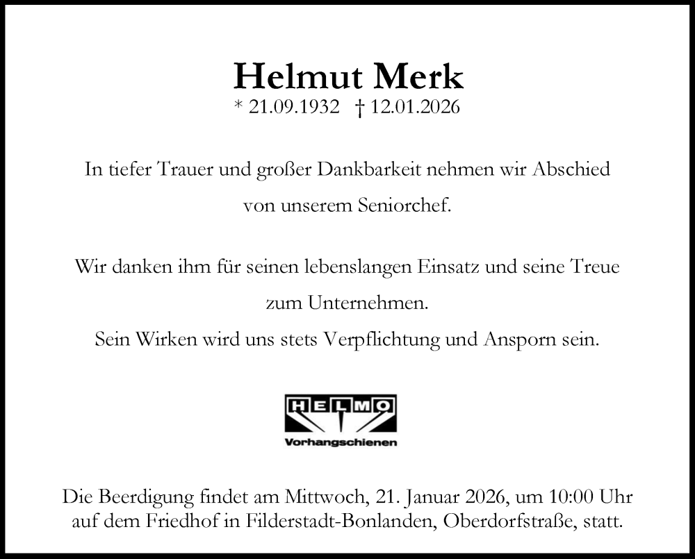  Traueranzeige für Helmut Merk vom 17.01.2026 aus Stuttgarter Zeitung / Stuttgarter Nachrichten