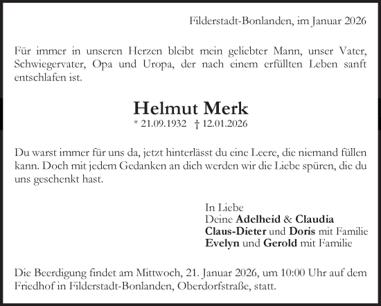 Traueranzeige von Helmut Merk von Stuttgarter Zeitung / Stuttgarter Nachrichten