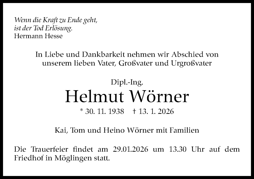  Traueranzeige für Helmut Wörner vom 17.01.2026 aus Stuttgarter Zeitung / Stuttgarter Nachrichten