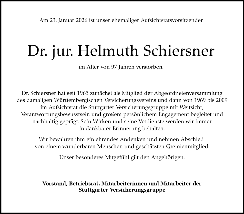 Traueranzeige für Helmuth Schiersner vom 31.01.2026 aus Stuttgarter Zeitung / Stuttgarter Nachrichten