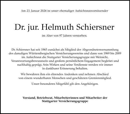 Traueranzeige von Helmuth Schiersner von Stuttgarter Zeitung / Stuttgarter Nachrichten
