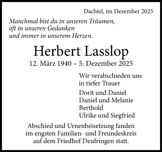 Traueranzeige von Herbert Lasslop von Kreiszeitung Böblinger Bote