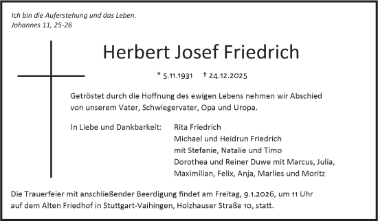 Traueranzeige von Herbert Josef Friedrich von Stuttgarter Zeitung / Stuttgarter Nachrichten