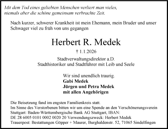 Traueranzeige von Herbert R. Medek von Stuttgarter Zeitung / Stuttgarter Nachrichten