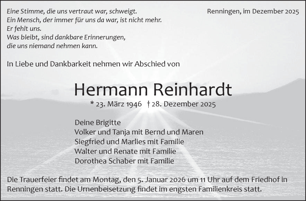  Traueranzeige für Hermann Reinhardt vom 02.01.2026 aus Leonberger Kreiszeitung / Strohgäu Extra