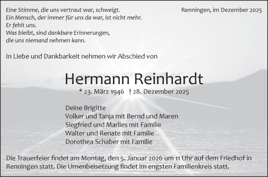 Traueranzeige von Hermann Reinhardt von Leonberger Kreiszeitung / Strohgäu Extra