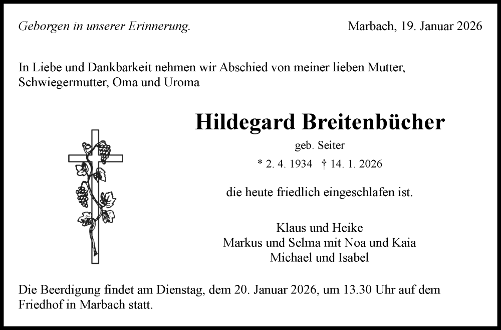  Traueranzeige für Hildegard Breitenbücher vom 19.01.2026 aus Marbacher Zeitung