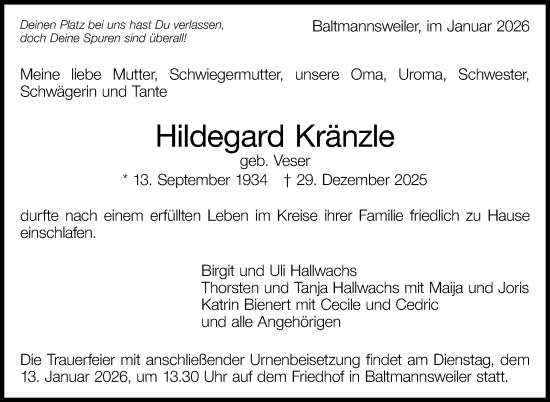 Traueranzeige von Hildegard Kränzle von Eßlinger Zeitung