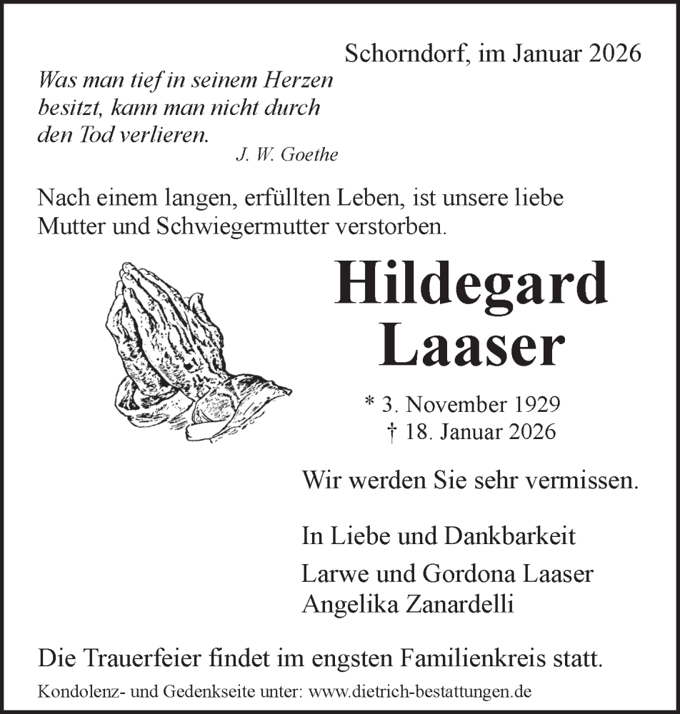  Traueranzeige für Hildegard Laaser vom 24.01.2026 aus Stuttgarter Zeitung / Stuttgarter Nachrichten