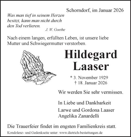 Traueranzeige von Hildegard Laaser von Stuttgarter Zeitung / Stuttgarter Nachrichten