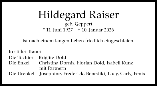 Traueranzeige von Hildegard Raiser von Stuttgarter Zeitung / Stuttgarter Nachrichten