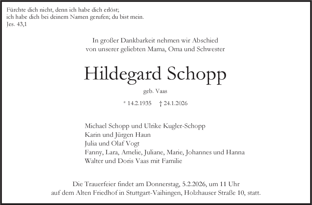  Traueranzeige für Hildegard Schopp vom 31.01.2026 aus Stuttgarter Zeitung / Stuttgarter Nachrichten