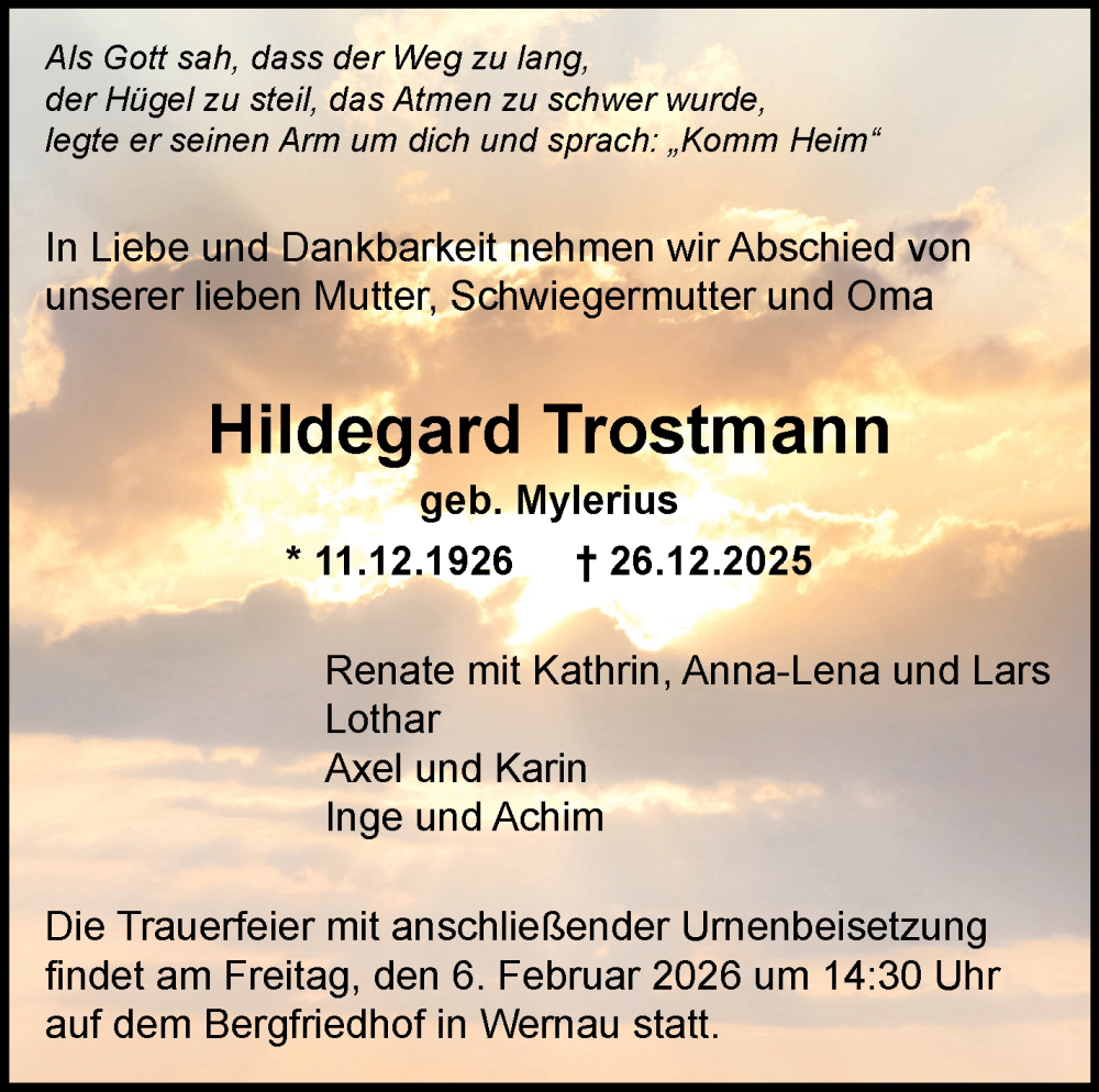 Traueranzeige für Hildegard Trostmann vom 16.01.2026 aus Eßlinger Zeitung
