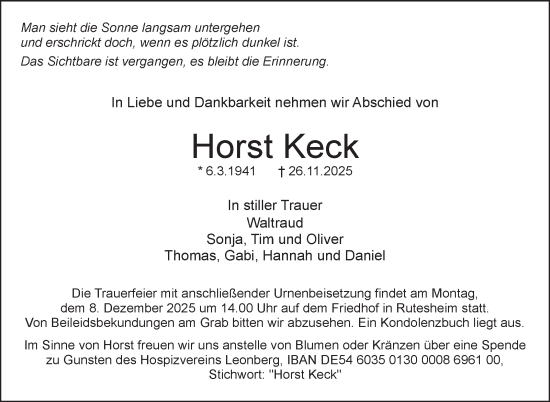 Traueranzeige von Horst Keck von Leonberger Kreiszeitung / Strohgäu Extra