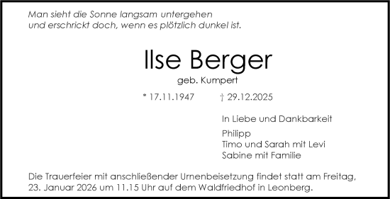 Traueranzeige von Ilse Berger von Leonberger Kreiszeitung / Strohgäu Extra
