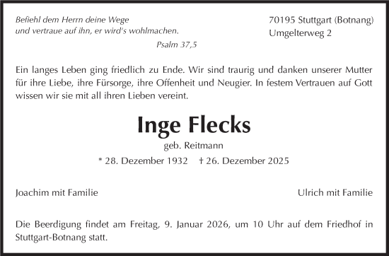 Traueranzeige von Inge Flecks von Stuttgarter Zeitung / Stuttgarter Nachrichten