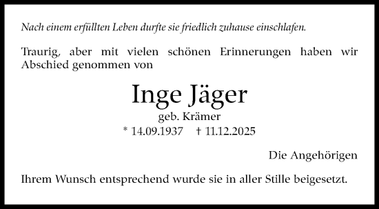 Traueranzeige von Inge Jäger von Eßlinger Zeitung