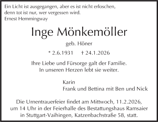 Traueranzeige von Inge Mönkemöller von Stuttgarter Zeitung / Stuttgarter Nachrichten