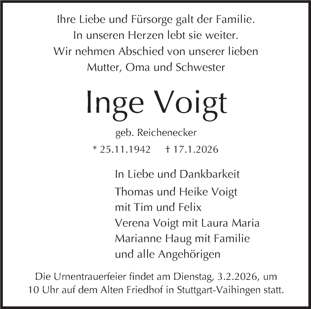  Traueranzeige für Inge Voigt vom 24.01.2026 aus Stuttgarter Zeitung / Stuttgarter Nachrichten