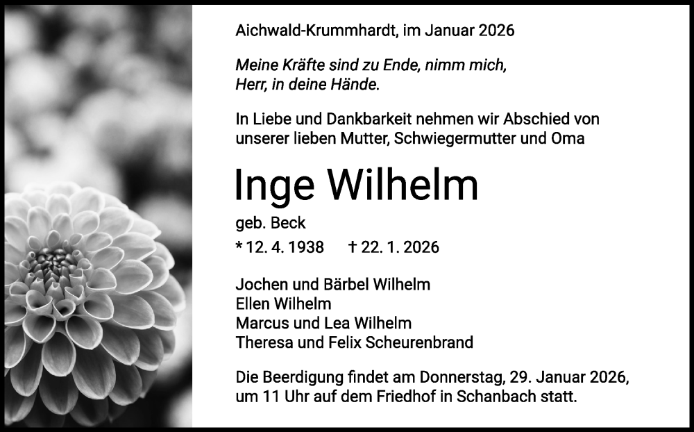  Traueranzeige für Inge Wilhelm vom 27.01.2026 aus Eßlinger Zeitung