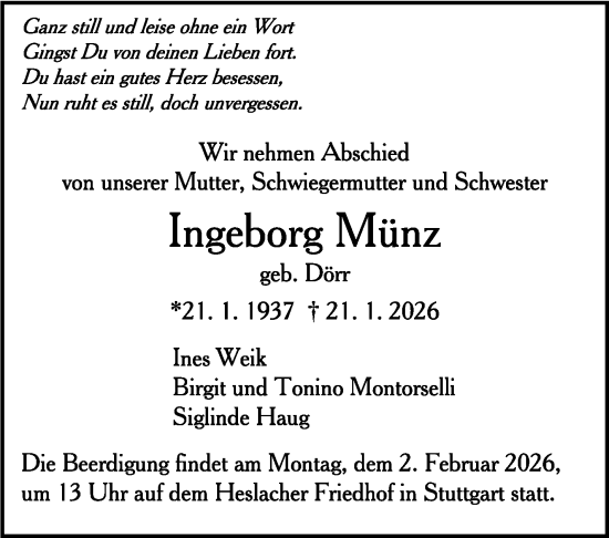 Traueranzeige von Ingeborg Münz von Stuttgarter Zeitung / Stuttgarter Nachrichten