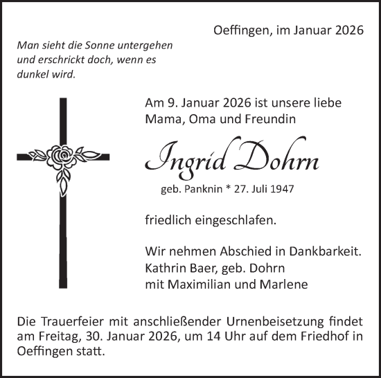 Traueranzeige von Ingrid Dohrn von Stuttgarter Zeitung / Stuttgarter Nachrichten