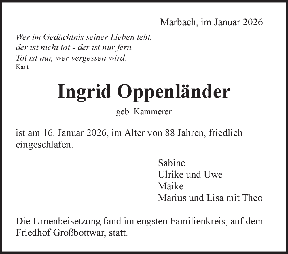  Traueranzeige für Ingrid Oppenländer vom 30.01.2026 aus Marbacher Zeitung