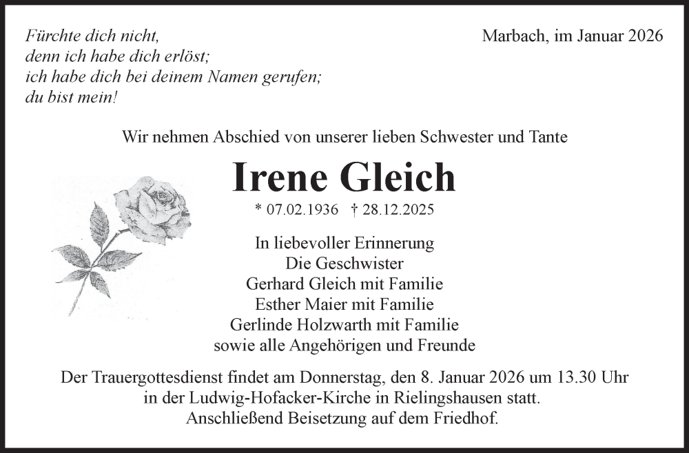  Traueranzeige für Irene Gleich vom 05.01.2026 aus Marbacher Zeitung