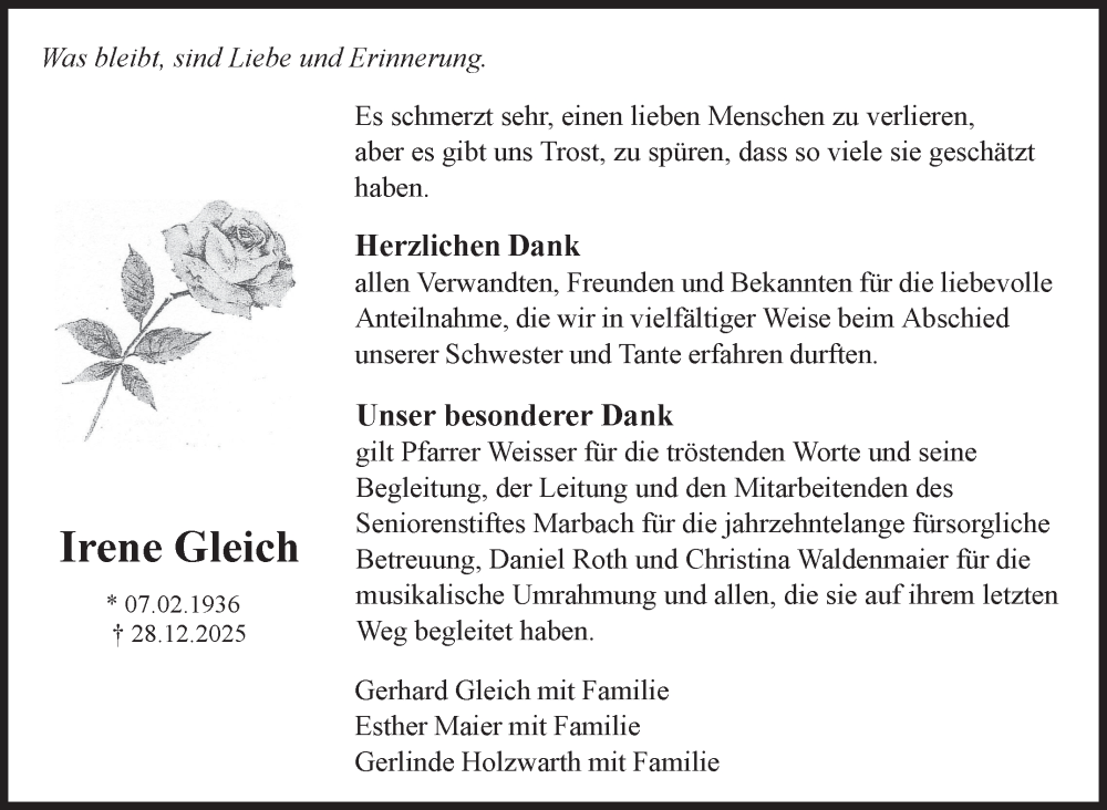  Traueranzeige für Irene Gleich vom 29.01.2026 aus Marbacher Zeitung