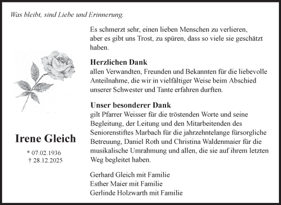 Traueranzeige von Irene Gleich von Marbacher Zeitung