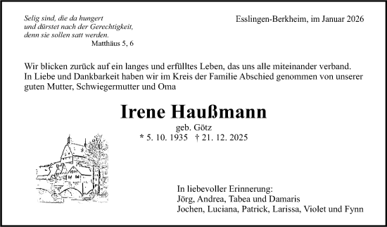 Traueranzeige von Irene Haußmann von Eßlinger Zeitung
