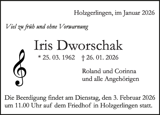 Traueranzeige von Iris Dworschak von Kreiszeitung Böblinger Bote