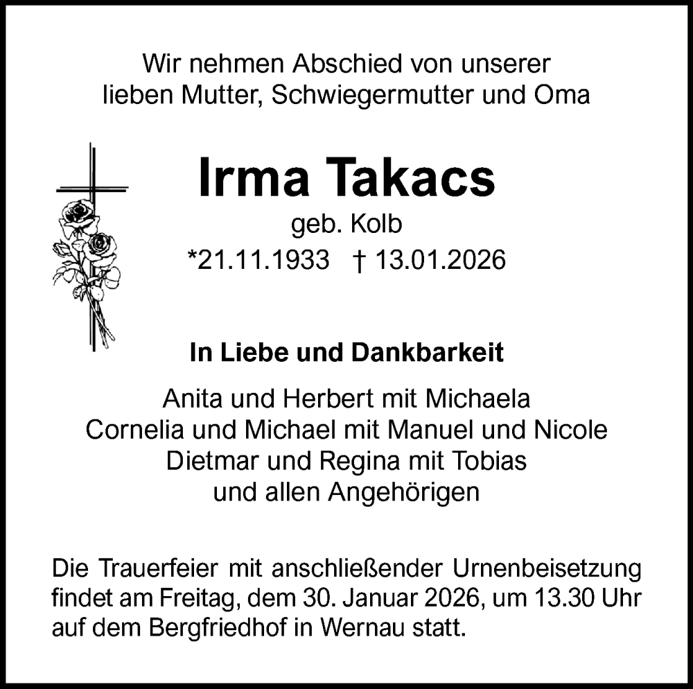 Traueranzeige für Irma Takacs vom 24.01.2026 aus Eßlinger Zeitung
