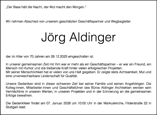 Traueranzeige von Jörg Aldinger von Stuttgarter Zeitung / Stuttgarter Nachrichten