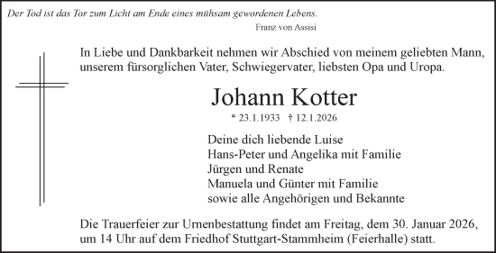 Traueranzeige von Johann Kotter von Stuttgarter Zeitung / Stuttgarter Nachrichten