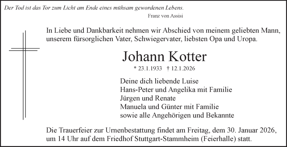  Traueranzeige für Johann Kotter vom 23.01.2026 aus Stuttgarter Zeitung / Stuttgarter Nachrichten