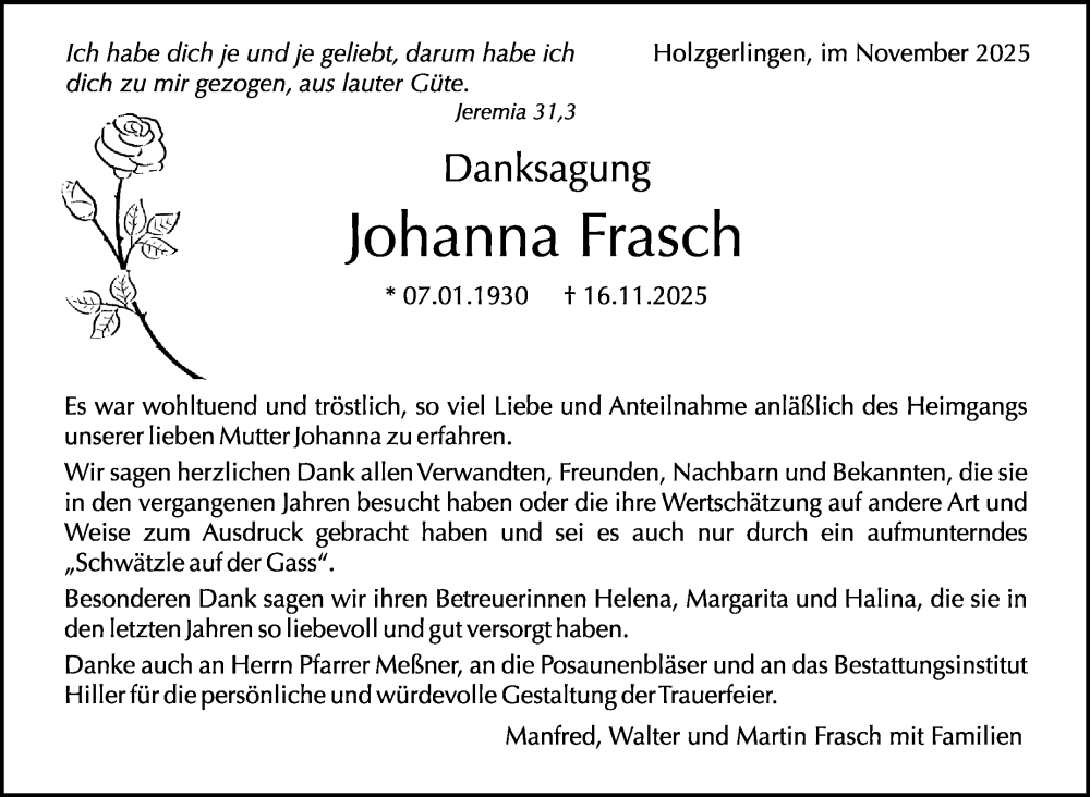  Traueranzeige für Johanna Frasch vom 05.12.2025 aus Kreiszeitung Böblinger Bote