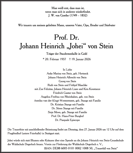 Traueranzeige von Johann Heinrich von Stein von Stuttgarter Zeitung / Stuttgarter Nachrichten