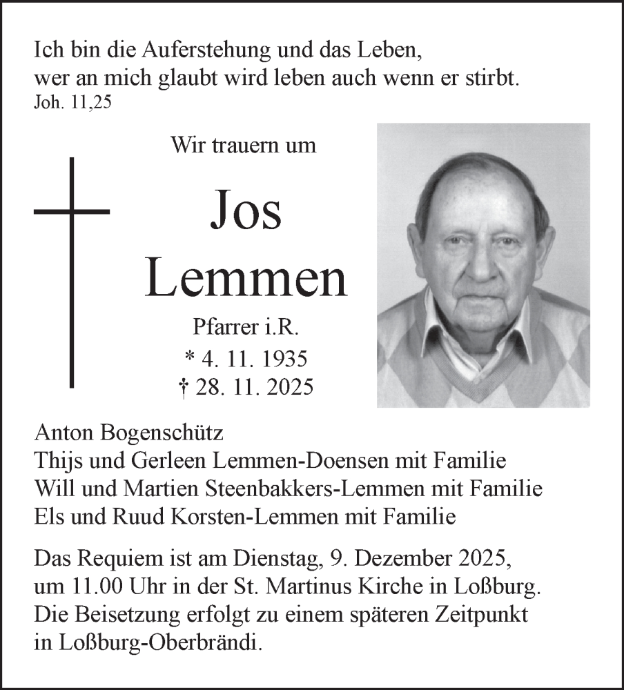  Traueranzeige für Jos Lemmen vom 05.12.2025 aus Stuttgarter Zeitung / Stuttgarter Nachrichten