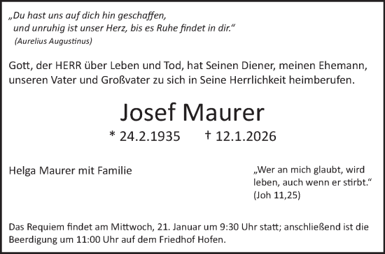 Traueranzeige von Josef Maurer von Stuttgarter Zeitung / Stuttgarter Nachrichten