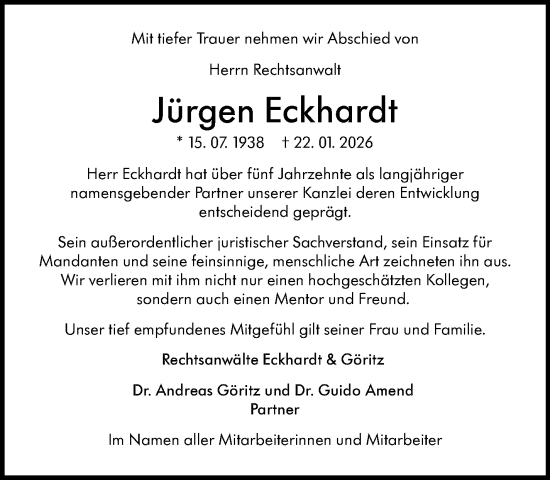 Traueranzeige von Jürgen Eckhardt von Stuttgarter Zeitung / Stuttgarter Nachrichten