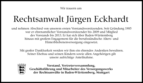 Traueranzeige von Jürgen Eckhardt von Stuttgarter Zeitung / Stuttgarter Nachrichten