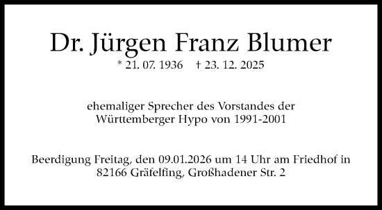 Traueranzeige von Jürgen Franz Blumer von Stuttgarter Zeitung / Stuttgarter Nachrichten
