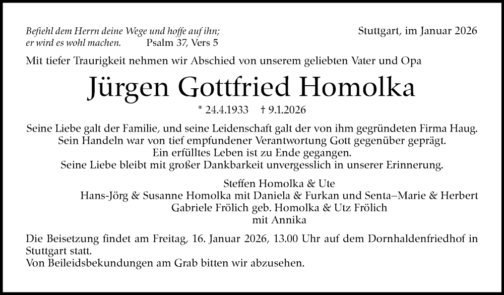  Traueranzeige für Jürgen Gottfried Homolka vom 15.01.2026 aus Stuttgarter Zeitung / Stuttgarter Nachrichten