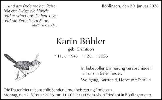 Traueranzeige von Karin Böhler von Kreiszeitung Böblinger Bote