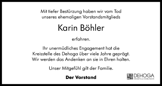 Traueranzeige von Karin Böhler von Kreiszeitung Böblinger Bote