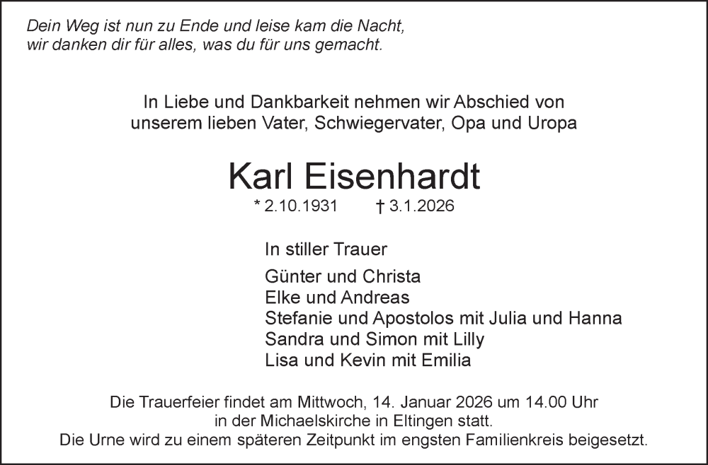 Traueranzeige für Karl Eisenhardt vom 09.01.2026 aus Leonberger Kreiszeitung / Strohgäu Extra