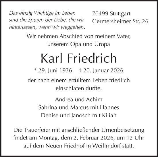 Traueranzeige von Karl Friedrich von Stuttgarter Zeitung / Stuttgarter Nachrichten